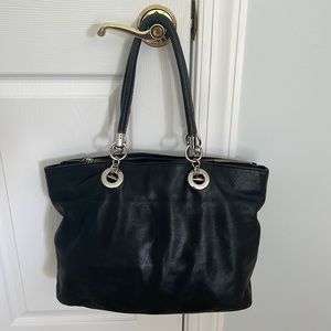 Black genuine, leather satchel